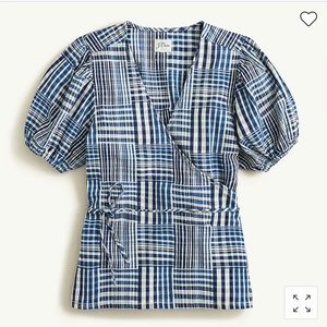 NWT JCrew Puff-sleeve wrap top in indigo patchwork Size XXL